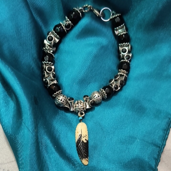 Men's Handcrafted Sterling Silver Onyx And Bone Bracelet